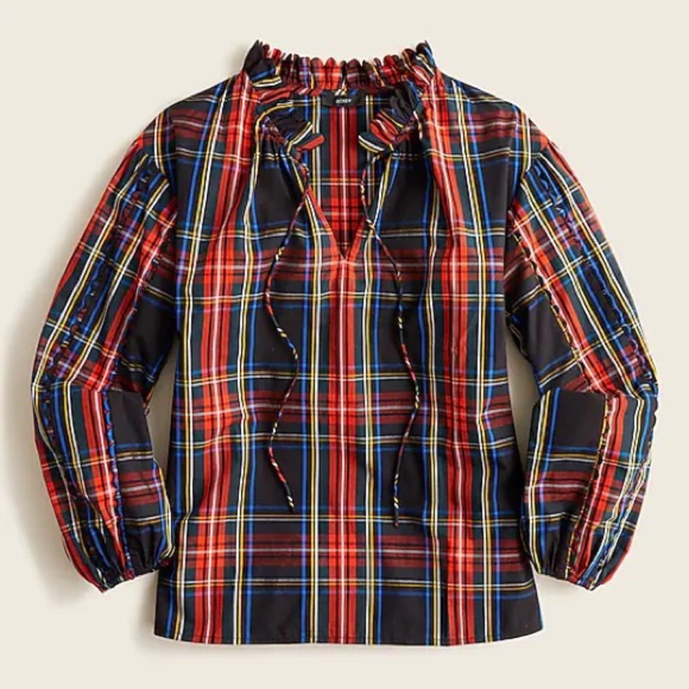 NWT J.Crew Tartan Scalloped Tie-Neck Top